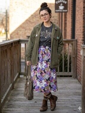 Vintage Floral Print A-Line Skirt in Purple and Pink Womens Size Large